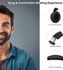 A man wearing a denim shirt is shown on the left side of the image, smiling. The right side of the image displays close-up shots of headphone components with descriptive text. Produktbild-Vorschau