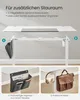 A split image showing a standing desk with accessories and close-ups of those accessories. Produktbild-Vorschau
