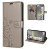 A collage of images showing a gold flip wallet case for a Samsung Galaxy S24 phone, with close-ups of the card slots and the phone inside the case. Produktbild-Vorschau
