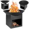 A collage of images showing a black metal fire pit with a fire burning inside and logs stored in the base. Two smaller images show the top and side views of the fire pit. Produktbild-Vorschau
