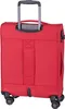 The back of a red trolley suitcase with wheels and a retractable handle. Produktbild-Vorschau
