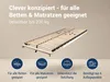 A wooden bed slat base is shown with marketing text and icons highlighting its features. Produktbild-Vorschau