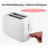 A hand is shown adjusting the dial on a white toaster. Produktbild-Vorschau