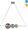 A modern LED pendant light with three glass spheres hanging from a metal bar, suspended by thin wires from a ceiling mount. Produktbild-Vorschau