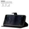 A black flip case for a Nokia 5 2017 phone is shown in an open position, with the phone displaying the time and date. The case is designed to function as a stand, with illustrations of different stand positions at the top of the image. Náhled obrázku produktu
