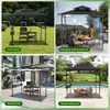 A collage of four images showing a black gazebo used in different settings: a courtyard, camping, a restaurant patio, and by a swimming pool. Voir les images du produit