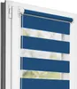 A close-up view of a blue and white striped roller blind installed in a white window frame. Produktbild-Vorschau