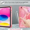 A pink iPad case with a marble pattern is shown, with a close-up of a finger interacting with an Apple Pencil holder. The iPad screen is visible on the left. Produktbild-Vorschau
