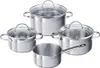 A set of stainless steel pots and pans with glass lids, arranged on a white background. Anteprima dell’immagine prodotto