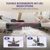 A vacuum cleaner head with LED lights is shown cleaning debris from a floor, with a child and dog in the background. Two inset diagrams illustrate the vacuum's articulation. Produktbild-Vorschau