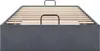 A dark gray upholstered bed frame with a wooden slat support system is shown from the front. Produktbild-Vorschau