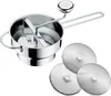 A stainless steel food mill with three interchangeable perforated discs, presented on a white background. Produktbild-Vorschau