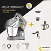 A marketing image showcasing a kitchen machine with various attachments and accessories, along with promotional text and a logo. Produktbild-Vorschau