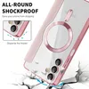 A pink and clear phone case is shown on a white background, with graphics illustrating its shockproof features. Produktbild-Vorschau