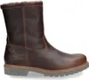 A single brown leather boot with a shearling lining is shown against a white background. Produktbild-Vorschau