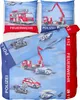 A flat lay of children's bedding with a police and fire department theme. Produktbild-Vorschau