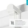 Close-up of a white roller blind mechanism mounted on a window frame, with a text box explaining the drill-free mounting. Produktbild-Vorschau