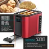 A red toaster with a bread roll on top, surrounded by other bread rolls in a wooden box. Text overlays highlight features like the bun attachment and crumb tray. Náhled obrázku produktu