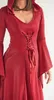 A woman wearing a red gothic-style dress with trumpet sleeves and a hooded neckline. Náhľad obrázku produktu