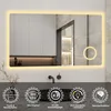 A modern bathroom vanity area with a large illuminated mirror reflecting a cabinet with shelves. The bottom of the image shows icons and text describing the mirror's features. Produktbild-Vorschau
