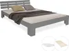 A gray wooden bed frame with a mattress and blanket, shown with two pillows on the bed. Two inset circles show a mattress and a wooden slat base. Náhľad obrázku produktu