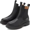 A pair of black leather Chelsea boots with thick soles are shown against a white background.
