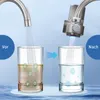 A split image showing a water filter attached to a faucet, with two glasses of water. The left glass shows dirty water before filtration, and the right glass shows clean water after filtration. Produktbild-Vorschau