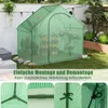 A green greenhouse in a garden setting, with plants inside and around it. The image also includes close-up shots of the greenhouse's construction. Podgląd zdjęcia produktu