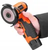 A hand holding an orange and black cordless angle grinder. Podgląd zdjęcia produktu
