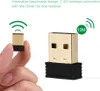 A hand holding a small USB wireless receiver, with a larger one shown next to it, against a white background. Text and icons indicate wireless connectivity and range. Produktbild-Vorschau