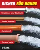 The image shows different types of pipes with water flowing through them, illustrating the product's effectiveness on various pipe materials. Produktbild-Vorschau