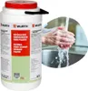 A product shot of a hand cleaner container next to a close-up of hands being washed. Produktbild-Vorschau