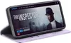 A smartphone in a violet flip case is displayed, showing a movie streaming interface on its screen. Produktbild-Vorschau