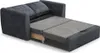 A dark gray sofa bed is shown partially unfolded, revealing its sleeping surface and storage compartment. Produktbild-Vorschau