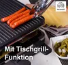A raclette grill with sausages and cheese, with text overlay. Produktbild-Vorschau