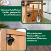 A wooden serving trolley with grilling utensils and a bottle opener attached, presented in a split-image format with descriptive text. Produktbild-Vorschau