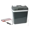 A gray electric cooler box is shown connected to a red and white power bank with a black cable. Produktbild-Vorschau