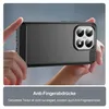 Hands holding a smartphone case with a brushed texture and carbon fiber accents. Produktbild-Vorschau