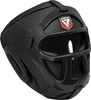 A black RDX head guard for boxing or martial arts, shown from a front-side angle against a white background. Voir les images du produit