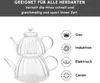 A clear glass teapot stacked on top of another clear glass teapot, with icons and text indicating compatibility with different stovetops. Produktbild-Vorschau