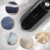 A collage showing different fabric textures and close-ups of a black electronic device with chrome accents. Produktbild-Vorschau