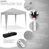A marketing image showcasing a gray KESSERS Pavillon 3x3m tent with various features highlighted through text and close-up images. Produktbild-Vorschau