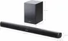 A soundbar and subwoofer with dimensions indicated by lines and numbers. Produktbild-Vorschau