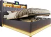 A modern upholstered bed with storage, shown with the storage compartment open and illuminated by LED lights. Náhled obrázku produktu