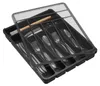 A black cutlery organizer with a transparent lid, filled with various utensils. Produktbild-Vorschau