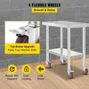 A stainless steel kitchen cart with wheels, presented in a collage with informational text and icons. Anteprima dell’immagine prodotto