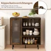 A rustic-style wooden sideboard with a glass door, displaying kitchenware and wine glasses, with a safety strap attached to the wall. Náhľad obrázku produktu