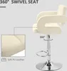 A bar stool is shown with a close-up inset of its material and a graphic indicating its 360-degree swivel feature. Produktbild-Vorschau