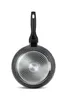 The bottom view of a black frying pan with a speckled exterior and a silver, textured bottom. Produktbild-Vorschau