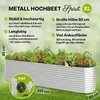 A raised garden bed filled with plants, with descriptive text and dimensions overlaid. Produktbild-Vorschau